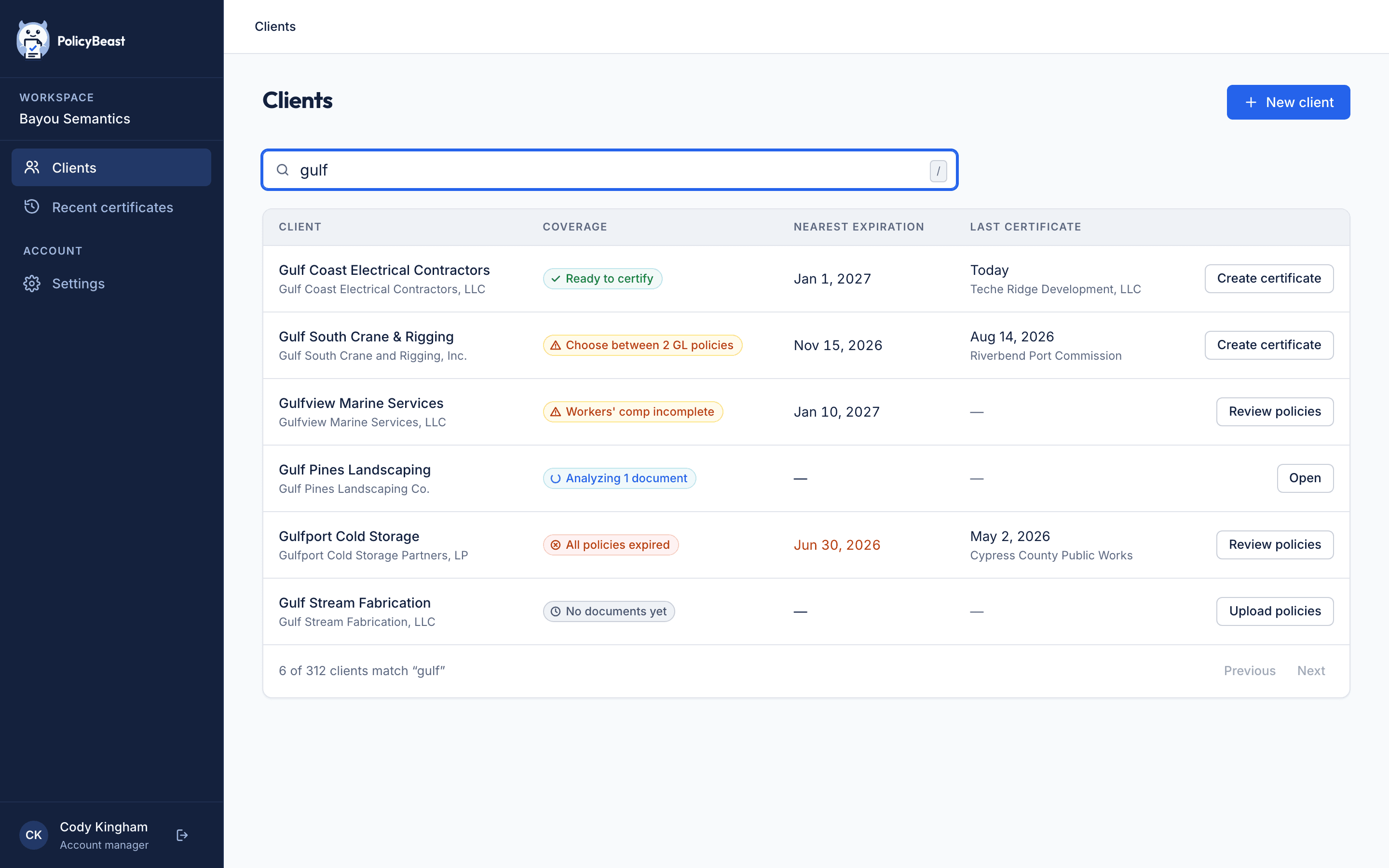 The PolicyBeast client portfolio with a searchable table.